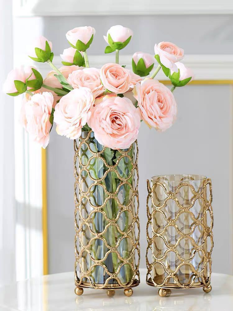 Hollow Out Golden Metal Glass Flower Vase - Elevè Decor