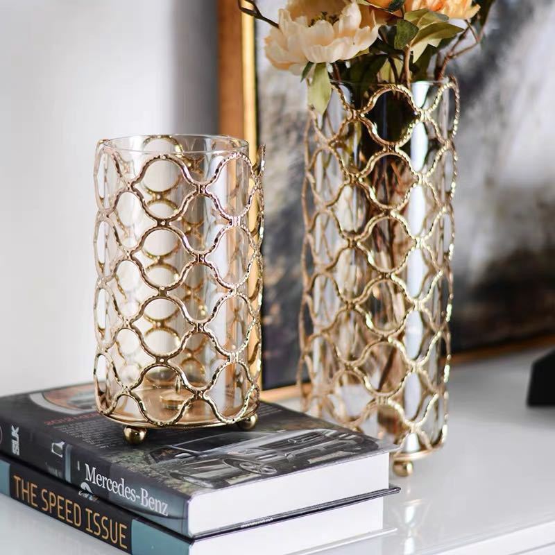 Hollow Out Golden Metal Glass Flower Vase - Elevè Decor