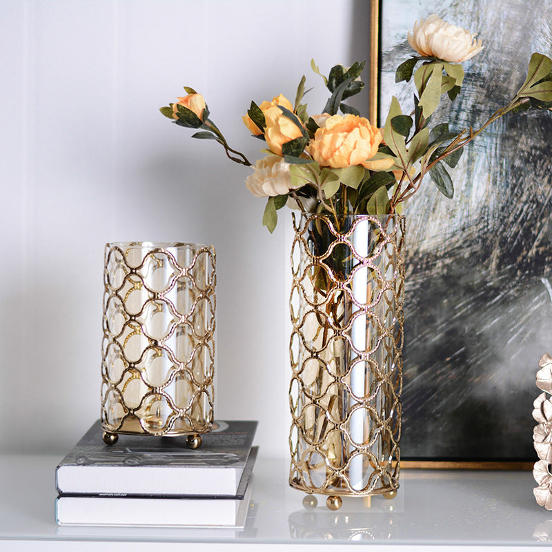 Hollow Out Golden Metal Glass Flower Vase - Elevè Decor