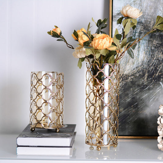 Hollow Out Golden Metal Glass Flower Vase - Elevè Decor